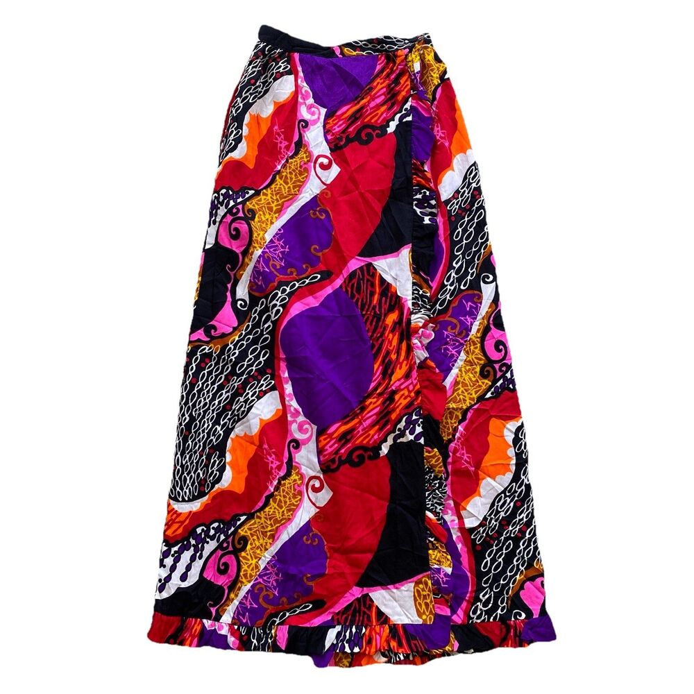 Vintage 70s Barkcloth Maxi Wrap Skirt Pink Purple Psychedelic 26 Waist Ruffle